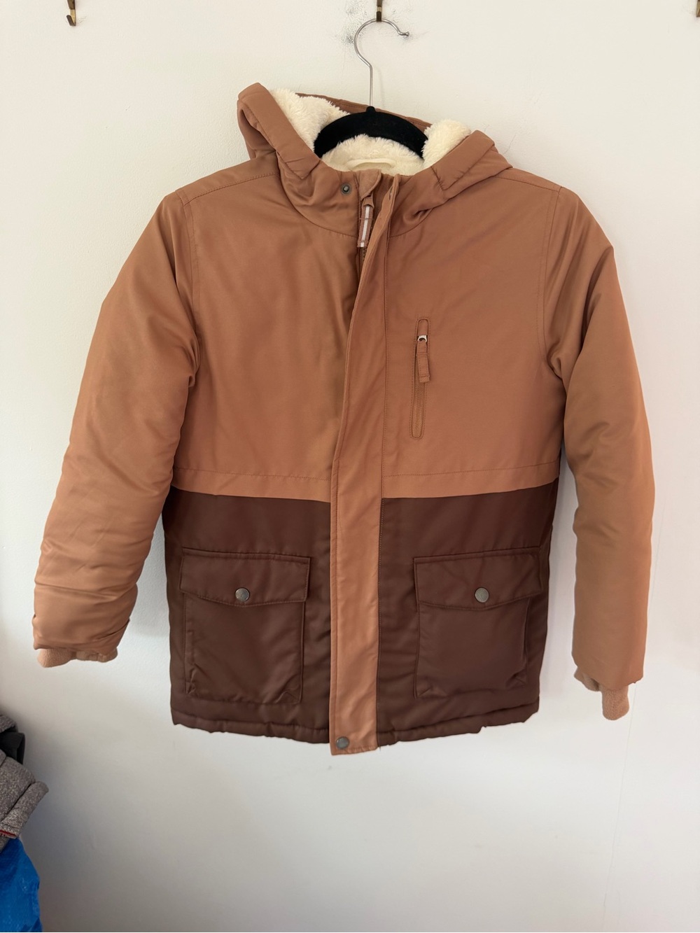 Cat & Jack Two-Tone Brown Hooded Puffer Jacket with Sherpa Lining